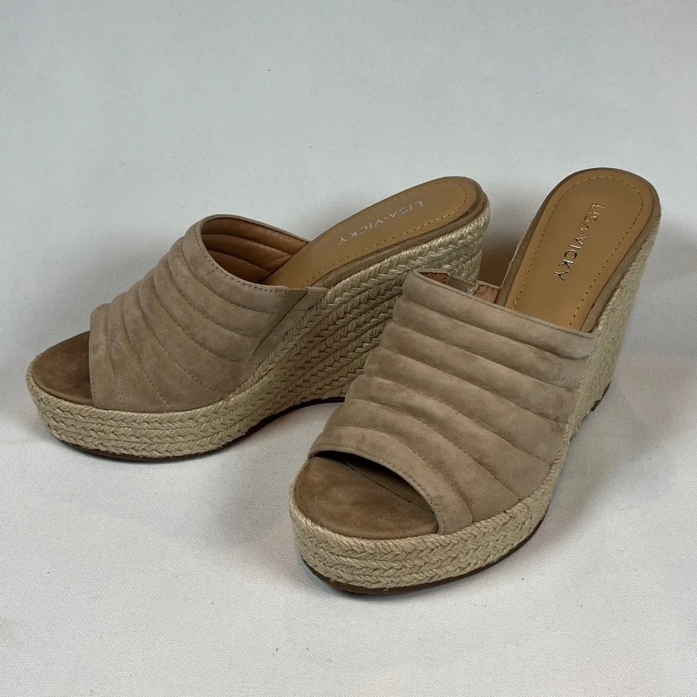 Lisa Vicky Gogo Taupe Suede Quilted Espadrille Wedge Mules Platform Sandals NIB